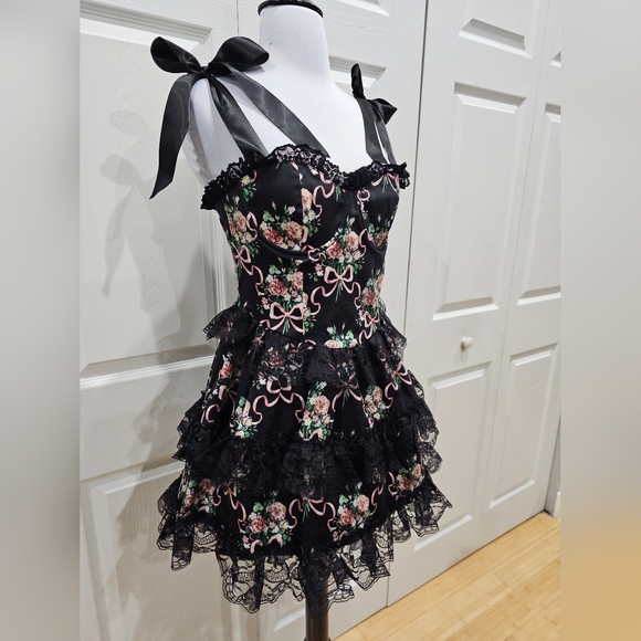 Dolls Kill Widow Goth Bows Floral Bewitched Bloom Tiered Black Lace Mini Dress - Picture 5 of 11
